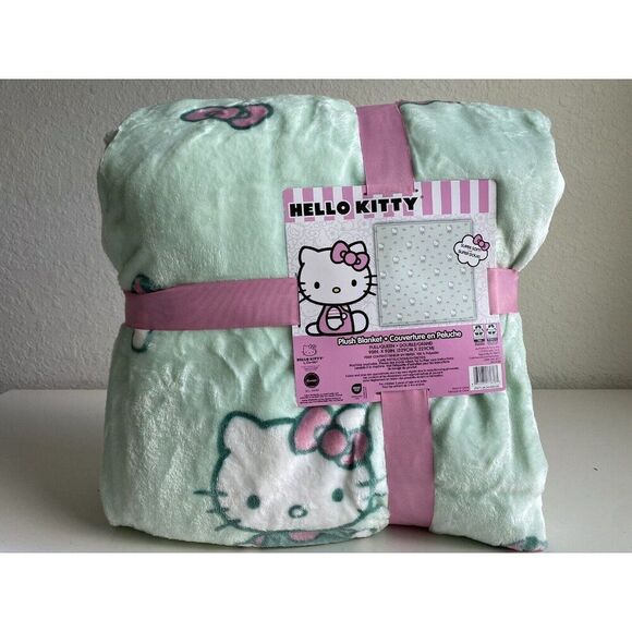Hello Kitty Mint Green & Pink Bows Plush Blanket Full/Queen Size 90” X 90” NEW - Picture 1 of 11